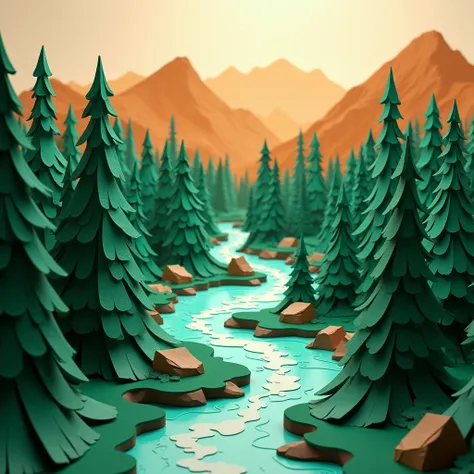 Generate a papercraft style image of the Boise forest landscape, Idaho