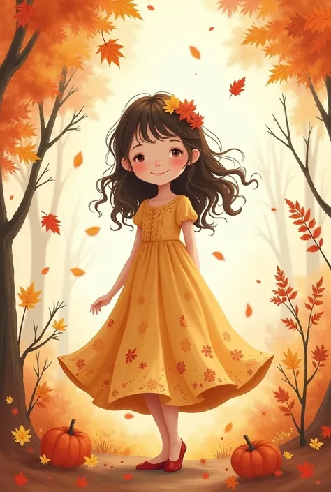 Generate an easy drawing of a girl in an autumn dress