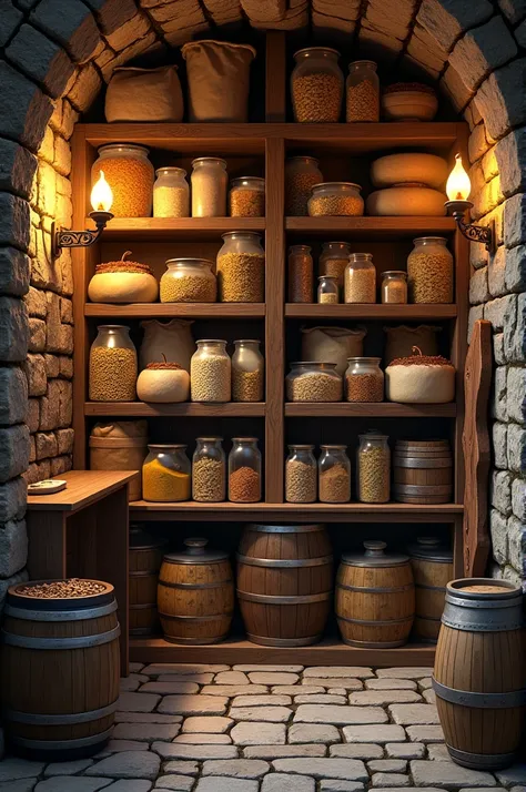 A food pantry inside the basement of a castle, full of food, bags of grains, seasonings and cheeses, on top of strong wooden shelves, in the background several barrels. The walls are made of bricks and stone, and the lighting is done with lamps.