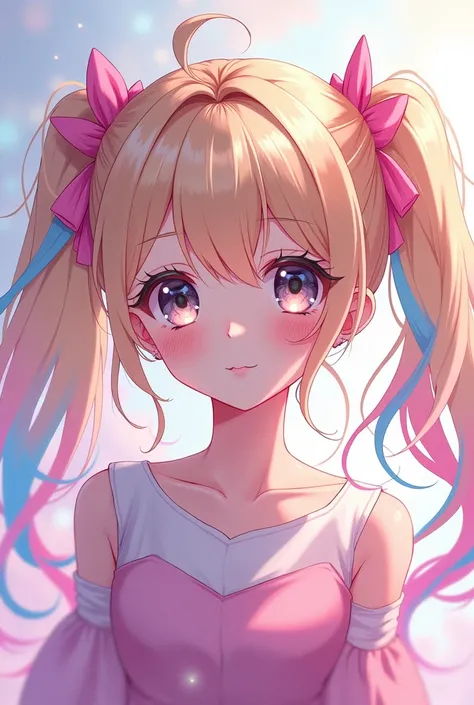 Blonde haired anime girl with two ponytails that looks like DNA but pink and blue