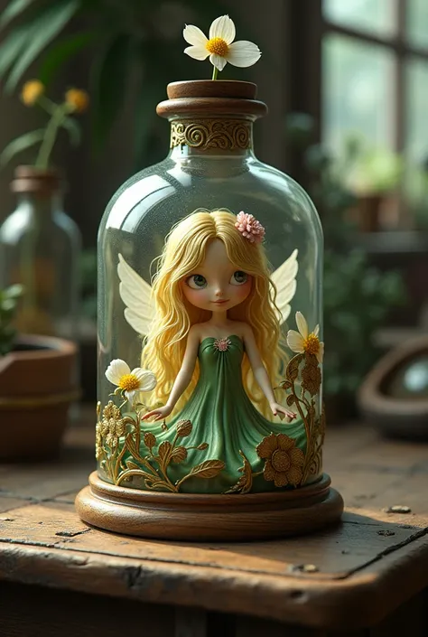 On an old wooden desk in a laboratory、A flask decorated with gold flowers contains a human-shaped、Smile、Hands outstretched、Feathered、With a flower on her head、Her hair is golden and shoulder-length、It contains a fairy wearing a green dress with a floral pa...