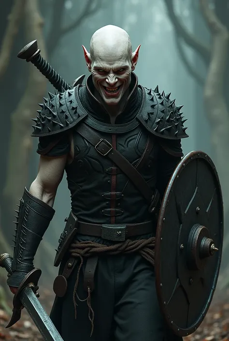 pale-skinned, hairless human warrior, smiling evilly.
 wearing black leather armor covered in spikes. Using a half-body shield. using a serrated bladed broadsword. hellraiser cenobite style.  
