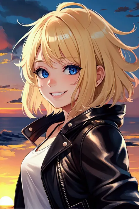 1girl, solo, young, blond hair, short hair, messy hair, blue eyes, smile, white t-shirt, black leather jacket, portrait, sunset, wind