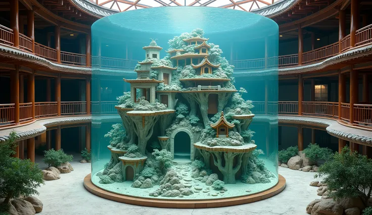 A big fish tank with real,miniature,Three-dimensional blue and white porcelain miniature landscape,Interior of a traditional Chinese earth building with a round shape inside,，(((7 floors high))),, Decorative and designed wooden railings,The courtyard below...