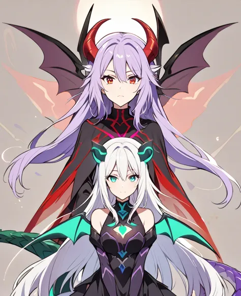 A female character with the characteristics; medium length purple hair, 2, she must have wings, dragon tail and horns, reddish scales on the arms, scarlet red eyes with a slight glow, black leather clothes and next to her is another female character with w...