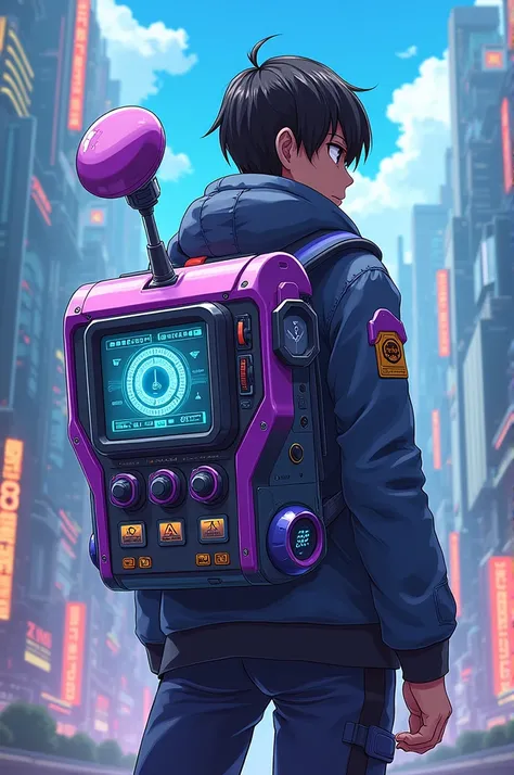 A radio with a screen, Its built-in satellite dish and its power source a reactor, All this incorporated into an anime style backpack