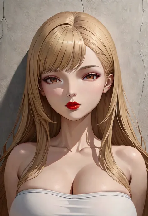 (best quality, highres), portrait, upper body, cool type adult woman, long hair, swept-side bangs, [[[brown hair]]], blonde hair, brown eyes, big breasts, plain wall, ultra detailed cg, hyperrealistic and photorealistic style, detailed skin texture and col...