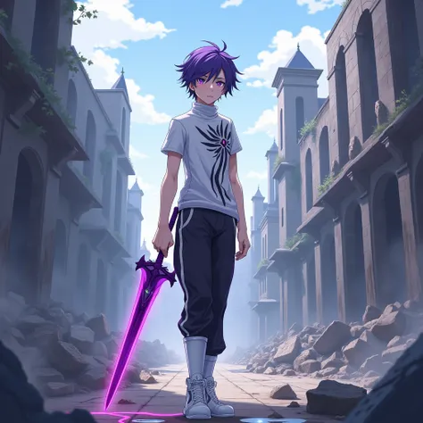 I am a  anime boy, 190 cm tall, thin but fit, with a beautiful appearance, with short purple hair and different shades of purple eyes, walking through a destroyed medieval fantasy city, dressed in a white turtleneck with black stripes of different sizes, a...