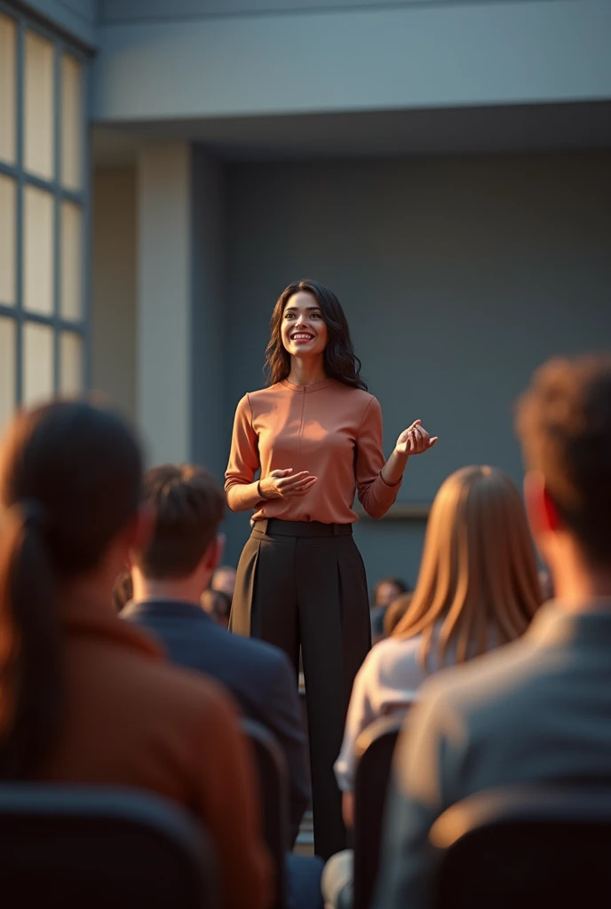 3d modeling Rina stands in front of the audience as an inspirational speaker, sharing his story of struggle with a confident and enthusiastic expression, surrounded by inspired people.