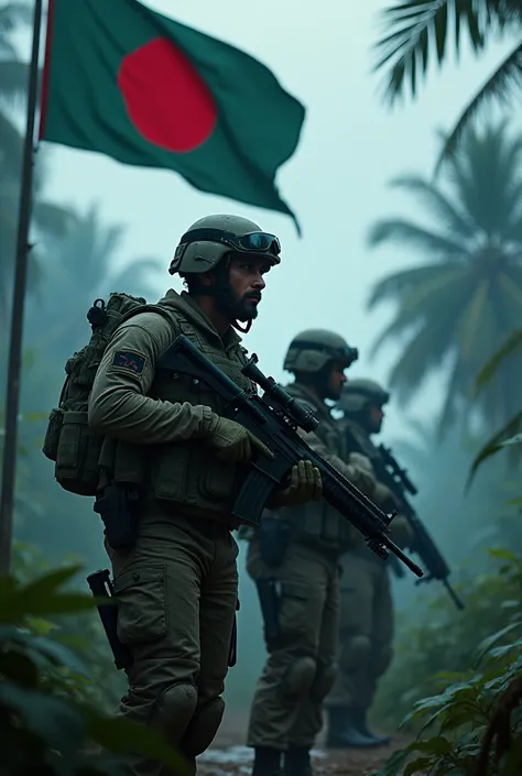 Bangladesh special force in the island site with Bangladesh flag blue cloudy Sky  jungle side