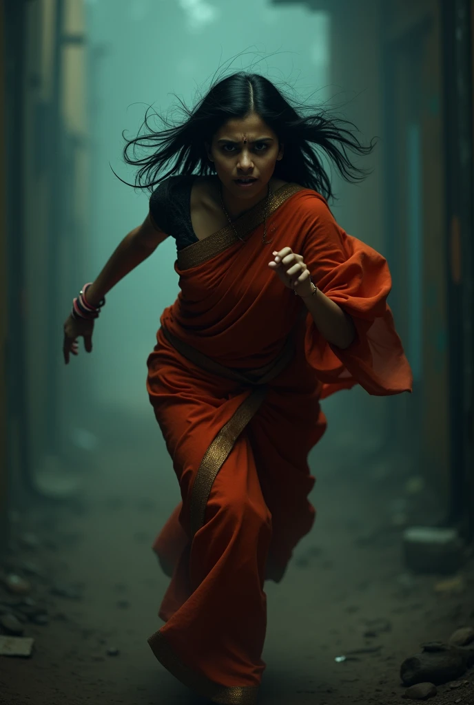 An indian woman with saree who is scared and rushes forward scary face at dark light. picture from head to toe full body photo 