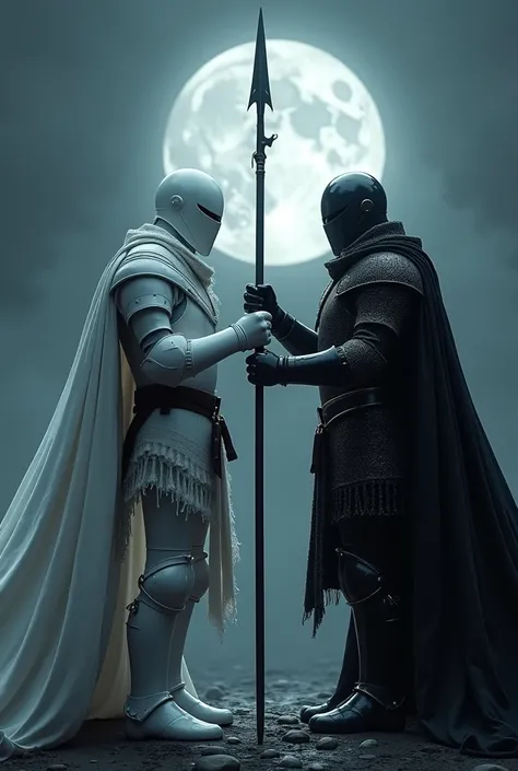 Two big pure white and pure black knights holding spears in a cross at night 