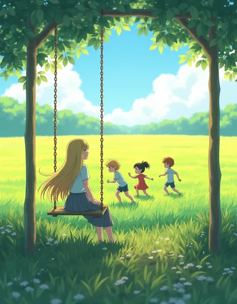 2D anime There was a little teenage girl, blonde hair, beautiful wearing long  loose skirt, sitting on a swing,a green crop field in front of her and chilldren playing together in it,timing is afternoon,