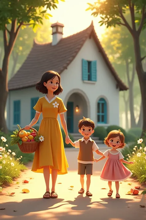 Young mother with light brown hair slightly wavy in yellow dress with white flower , brown flat sandal with basket of fruits and flowers , 20 year old daughter with short curly black hair ,  son short straight light brown hair,   daughter with dark golden ...