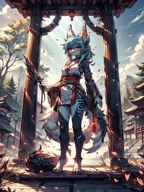 Miku Hatsune, high definition add_detail:1, blue fur,kitsune ears, tribal tattoo add_detail:1, pretty girl add_detail:1, feudal priestess clothing add_detail:1, japanese shrine landscape add_detail:1, japanese shrine costume add_detail:1, bare left leg add...