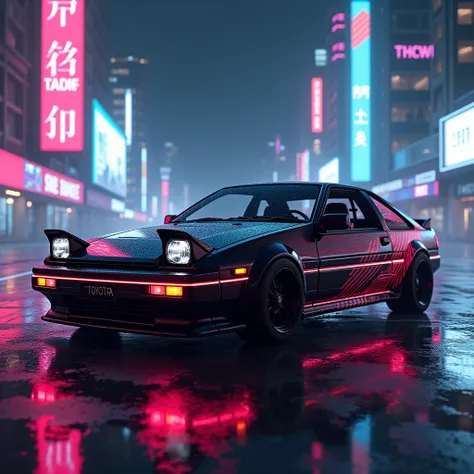 A black toyota ae86 with futuristic stripe livery