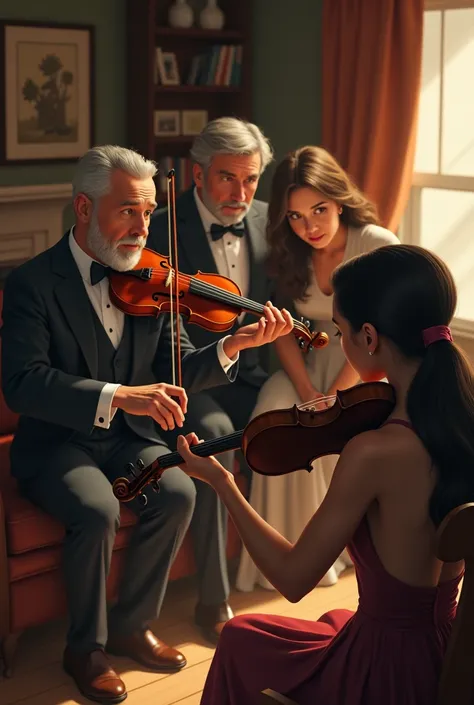 3 men watch a girl playing the violin in the living room 