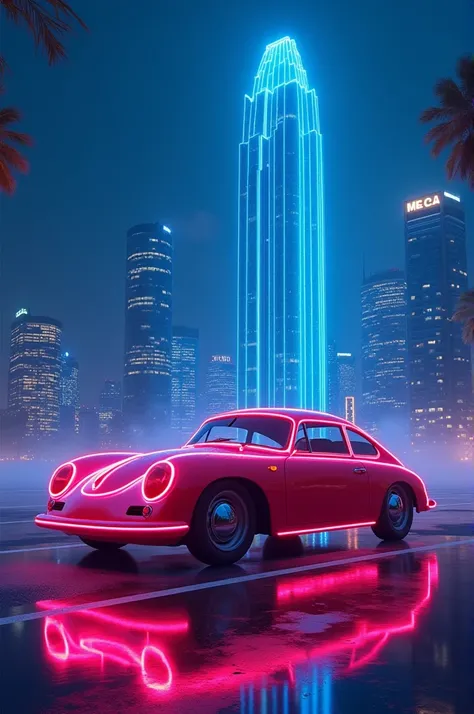 Simple. Clam neon car tht matching with blue skyscrapers. Should match with morning theme