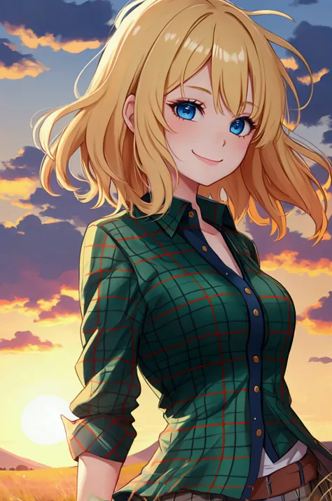 1girl, solo, young, blond hair, short hair, messy hair, blue eyes, smile, green tartan shirt, portrait, sunset, wind, field