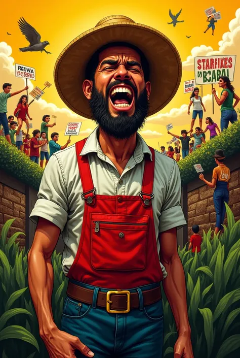 Create a reinterpretation of the painting &#39;The Coffee Farmer&#39; by Cândido Portinari, in cartoon style, reflecting political outrage. The farmer must be a stylized character of a classic Brazilian farmer, with features and clothes typical of the time...