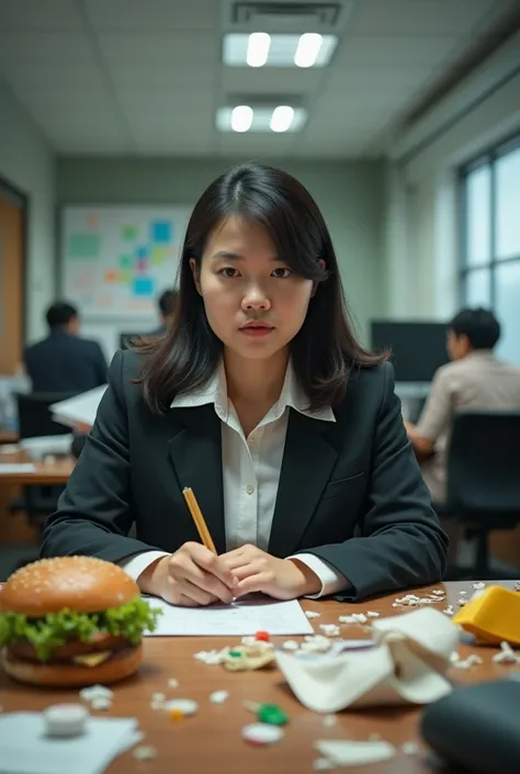 high quality, 8K Ultra HD, realistic photo, overweight asian woman busy working at the background, office room, office outfit, old burger drinking fast food and food trashes on the table