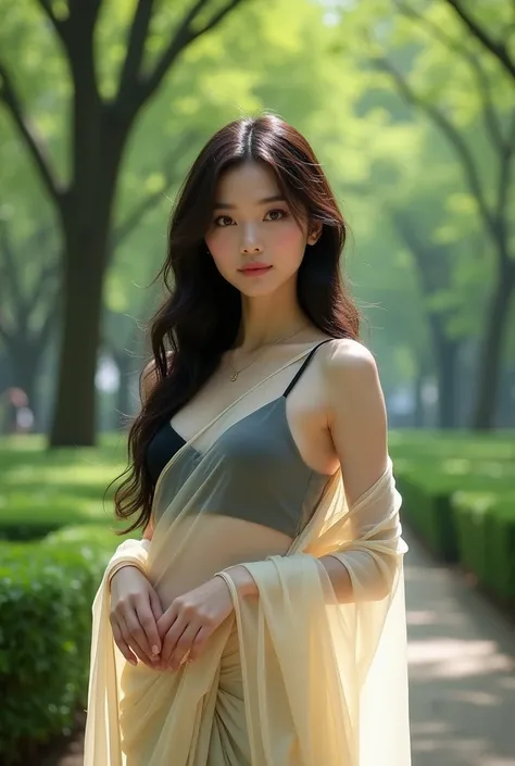 (best quality)), ((masterpiece)), (detailed), Beautiful Chinese woman, thin saree, black bra in park