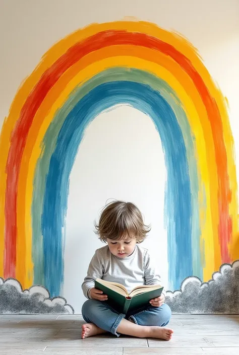 Mural with a rainbow in the center of the image with a child reading and the images have the yellow color range, blue and red done in pencil drawing