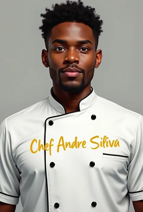 Black chef with thin nose, proportional face, medium hair, slightly curly, with black dom written chef andre silva in yellow 
