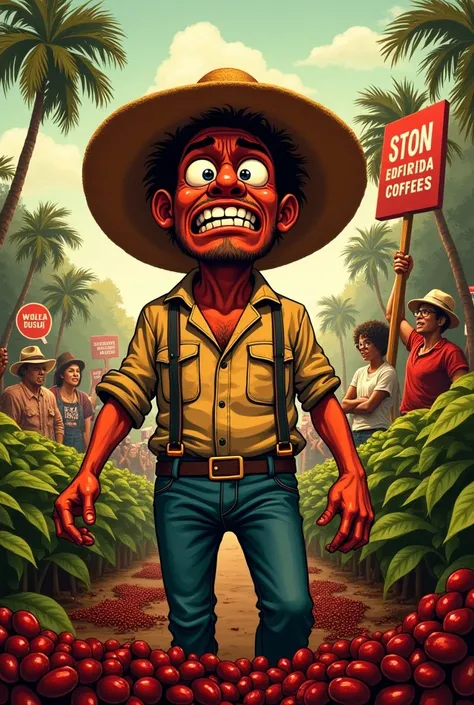 Create a reinterpretation of the painting &#39;The Coffee Farmer&#39; by Cândido Portinari, in cartoon style, reflecting political outrage. The farmer must be a stylized character of a classic Brazilian farmer, with features and clothes typical of the time...