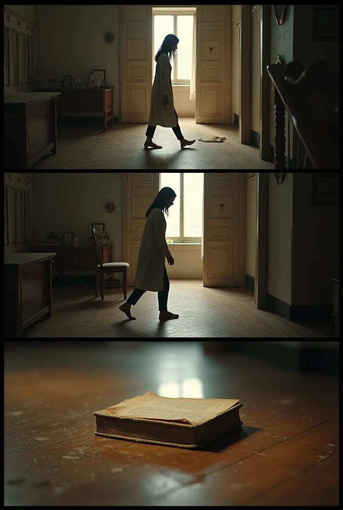  A follow shot of Kriti as she approaches the fallen book. The shot 
slowly converts from a follow shot of Kriti into a zoom shot of the book as she 
picks it up from the ground, and again converts back to a mid-master shot of 
the room as Kriti carries...