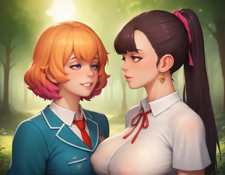 2 girls. SFW, high school uniforms, (breast envy:1.1), (covered breasts:1.3), rule of thirds, beautiful Girl, (1 woman small breasts) digital illustration, verdant forest background, lovehandles, (1 woman sagging huge breasts), best quality, emotional pict...