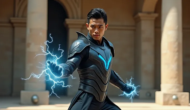 reza rahardian (20 years), wearing futuristic armor with dark metallic touches, featuring a striking blue lightning bolt accent. Currently practicing martial arts with high intensity, in the ancient training arena. masterpiece, realistic, Ultra HD, ultra h...