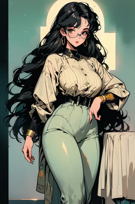 (best lighting), (best quality, masterpiece:1.2), (character sheet same character), illustration by hajime sorayama, perfect body, hyperfeminine curves, woman, mid 20s, (((very long black hair))), yellow eyes, glasses, thick, curvy, high fashion, iridescen...