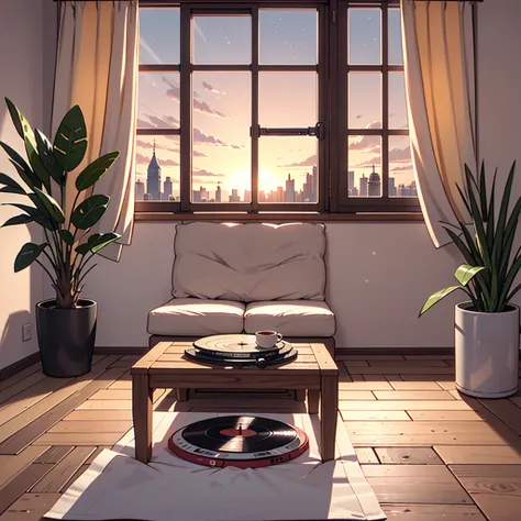 lo-fi drawing of a room lit by the soft light of sunset, where the warm orange and pink colors of the sky reflect on the walls. ...