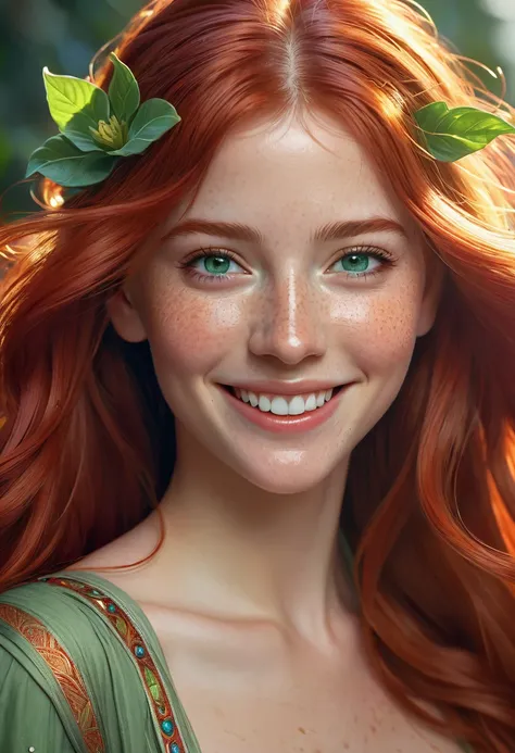 beautiful lady, (light freckles), big smile, green eyes, long red hair, hyperdetailed photography, soft light, portrait, realistic head and shoulders portrait, 8k resolution concept art portrait by Greg Rutkowski, Artgerm, WLOP, Alphonse Mucha dynamic ligh...