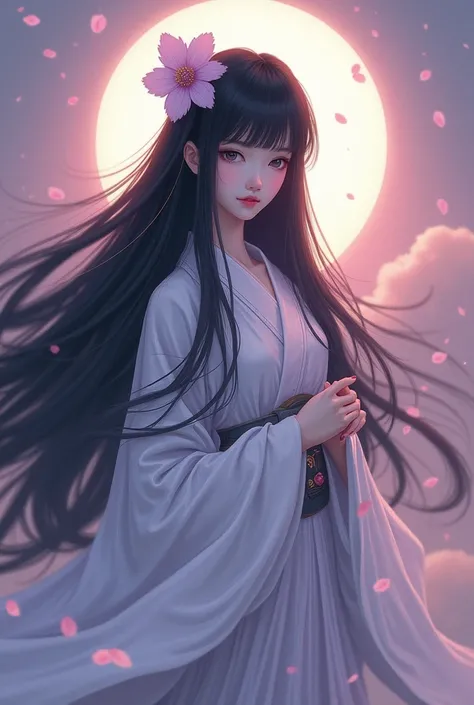 Japanese Lucky Moon Goddess
Black Hair with bangs
Light pink Light Purple　
Full moon in the background