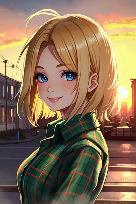 1girl, solo, young, blond hair, short hair, messy hair, blue eyes, smile, green tartan shirt, portrait, sunset, wind, soviet city