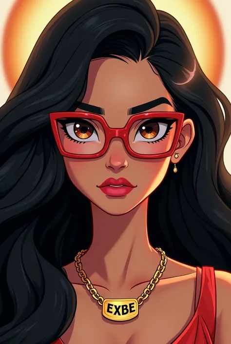 white woman, as if she were the Goddess Hera, with hexagonal face shape, dark brown eyes, black hair over the shoulders, wearing red square glasses in Disney pixar cartoon focusing on the front face with writings "EXBE" On the necklace, serious face
