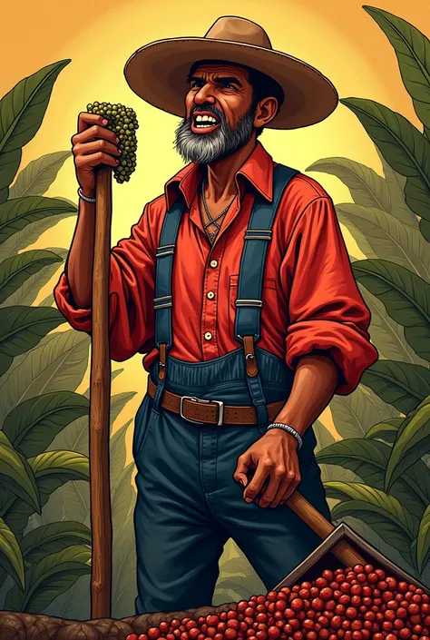 "Create a reinterpretation of the painting &#39;The Coffee Farmer&#39; by Cândido Portinari, in cartoon style, reflecting political outrage. The farmer must be a stylized character of a classic Brazilian farmer, with features and clothes typical of the tim...