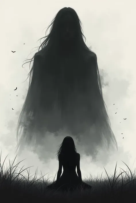 a female silhouette sitting with her back turned in the middle of nowhere, head down and sad and scared in the shape of a drawing, all black silhouette sitting with its back turned and a large, featureless, scary shadow around it