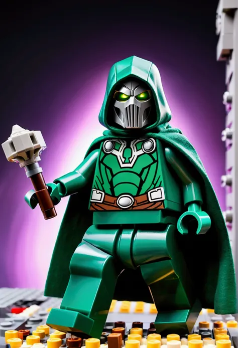 hero fighting pose, Victor von Doom, Doctor Doom wearing mask and Hood cloak, with majestic aura, LEGO art style, fantasy art style, Miniature Photography, Isometric Photography, emphasizing details, revealing beauty in small things, professional lighting,...