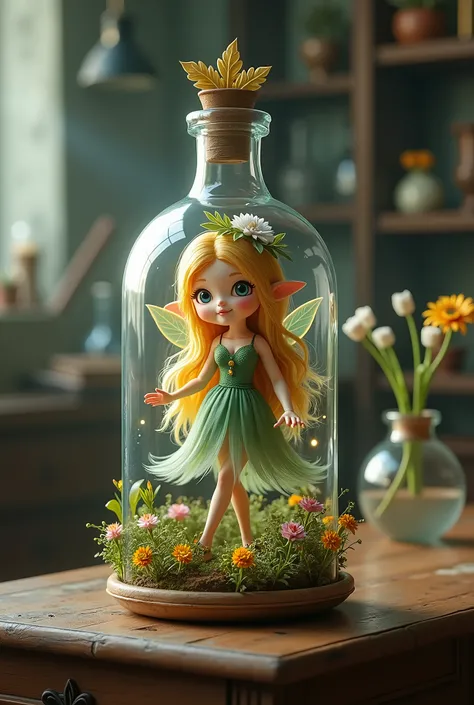 On an old wooden desk in a laboratory、A flask decorated with gold flowers contains a human-shaped、Smile、Hands outstretched、Feathered、With a flower on her head、Her hair is golden and shoulder-length、It contains a fairy wearing a green dress with a floral pa...