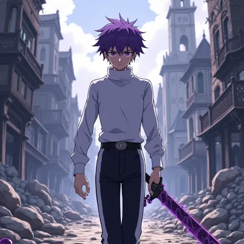 I am a  anime boy, 190 cm tall, thin but fit, with a beautiful appearance, and a very tired, unrealistically serious and confident face, with short purple hair and different shades of purple eyes, walking through a destroyed medieval fantasy city, dressed ...