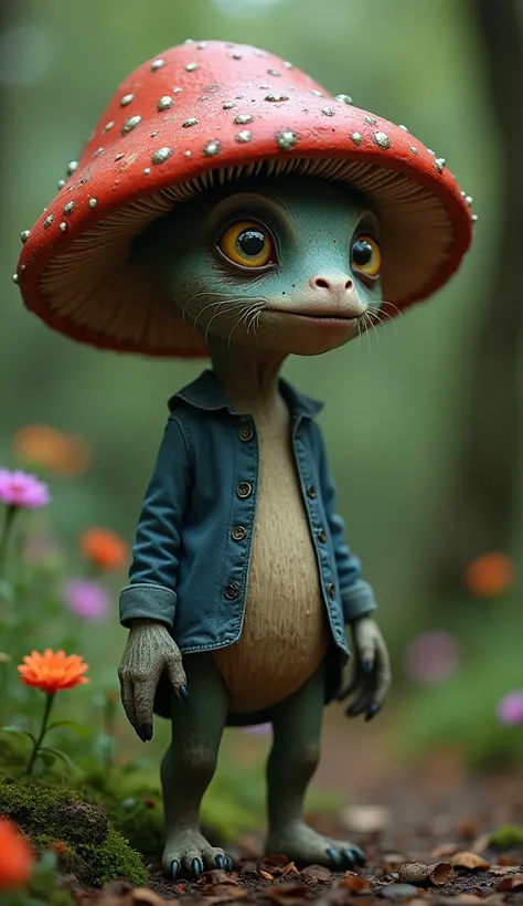 a supernatural creature with a mushroom head, humanlike face, in the style of Alice in Wonderland, full body shot, 4k 8k, realistic, masterpiece