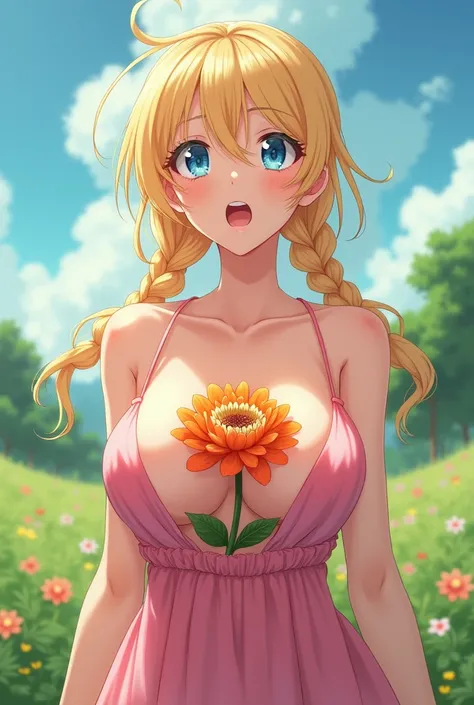 anime woman, blonde hair, blue eyes, pigtails braid, sleeveless pink sundress, low neckline, bangs, meadows, surprised face, cute, decolletage, cleavage, large breasts, flower with petal stuck in-between cleavage, large flower growing from inside cleavage,...