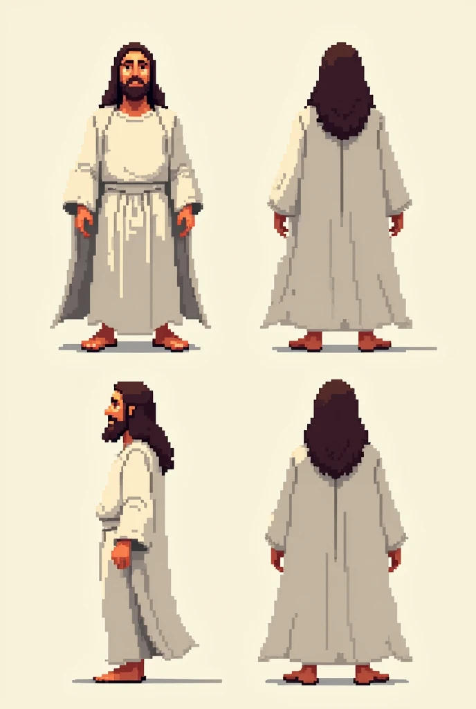 Time to generate Jesus in vectors animated version, all views for a game, front animation, left side, from the right side and from behind, that the animation from the front and back is more looking forward and more from the back, That looks braver, and hav...