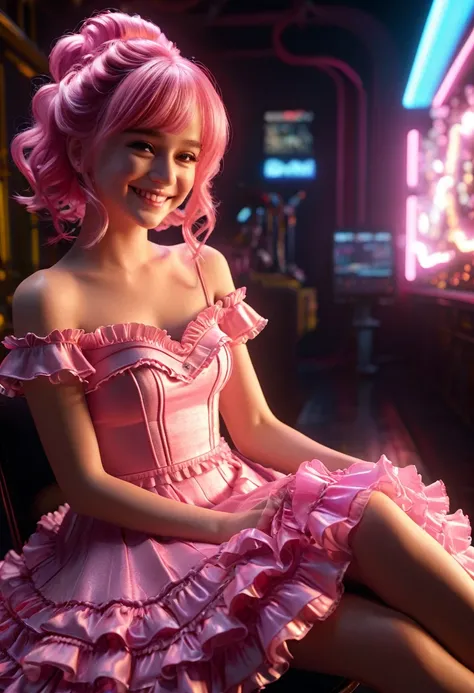 highly detailed, 8k, masterpiece, One girl, pink frills_hair_tube, dress, bend_thats all , Grin, (perfection_face), Sitting, machine, Brilliant, Complex, Dramatic lighting, 4K, detailed_background, Caustics, full_body, (Surreal:1.3), bloom,(Beautiful light...