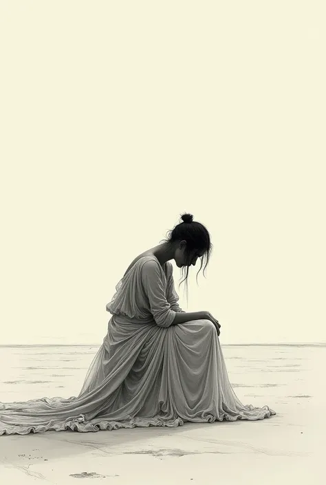 a female silhouette sitting with her back turned in the middle of nowhere, head down and sad and scared in the shape of a drawing, dressed in a beautiful dress like the Greek dresses, contemplating your own soul


