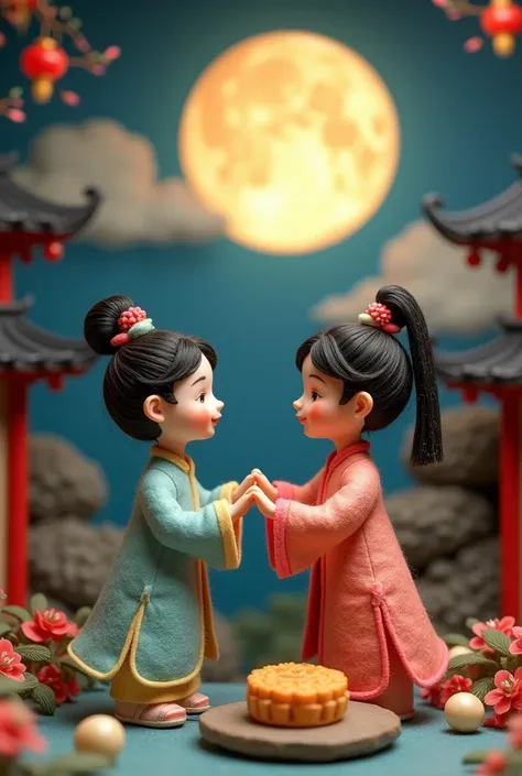 Microphotography,Felt style,2 girls wearing Hanfu,In front of the Chinese classical pavilion,Felt clothing looks soft and warm in the moonlight,They stood under the bright moon.,Dancing lightly,Surrounded by the tranquil night sky and hazy clouds,There is ...