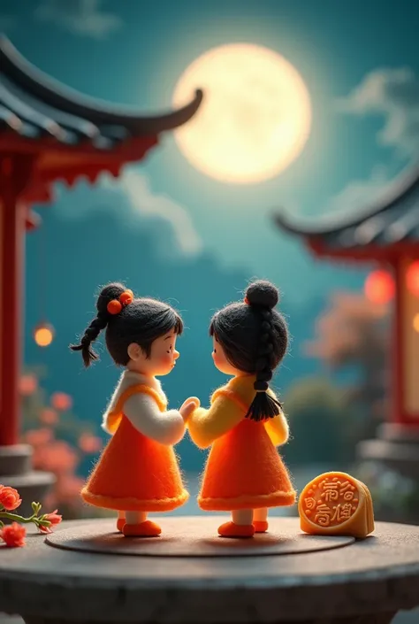 Microphotography,Felt style,2 girls wearing Hanfu,In front of the Chinese classical pavilion,Felt clothing looks soft and warm in the moonlight,They stood under the bright moon.,Dancing lightly,Surrounded by the tranquil night sky and hazy clouds,There is ...